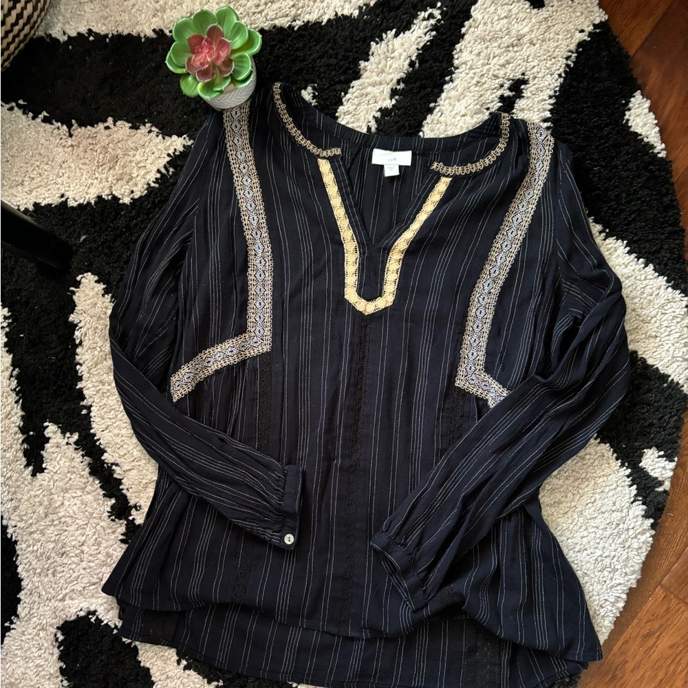 J.Jill Lace Inset Boho Peasant Top Medium